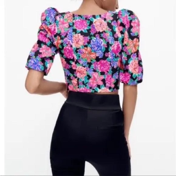 NWOT - Zara Floral Print Puff Sleeve Crop Top Sweetheart Neckline - Size S - Picture 3 of 5